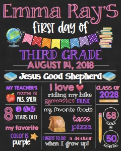 School Pink Multi ChalkBoard First Day Third Grade 16x20: School Pink Multi Chalkboard 8x10
