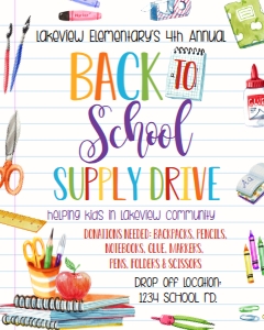 Back to School Supply Drive Flyer 8x10: Back to School Supply Drive Invite