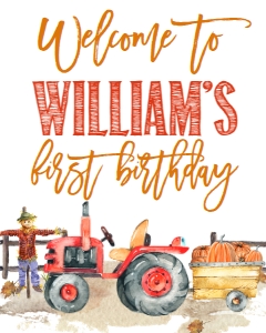 Birthday Tractor Welcome Sign: Fall Red Tractor Pumpkin Birthday