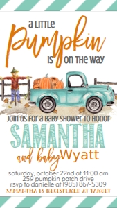 BS Aqua Truck Pumpkin Text Invitation: Baby Shower Mint Truck Pumpkin