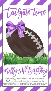 Birthday Purple Bow Football Text Invitation: Birthday Football Purple Bow
