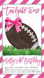 Birthday Pink Bow Football Text Invitation: Birthday Football Pink Bow