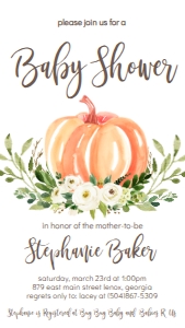 BS White Floral Pumpkin Text Invitation: Baby Shower White Floral Pumpkin