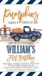 Birthday Pumpkin Navy Blue Truck Leaves Hay Text Invite: Birthday Pumpkin Navy Blue Truck Leaves Hay Invite