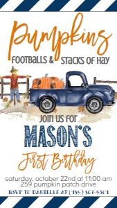 Birthday Navy Football Pumpkin Truck Text Invitation: Birthday Navy Truck Pumpkin Football Invite