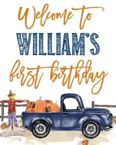 Birthday Pumpkin Truck Welcome Sign Football Navy Blue: Birthday Navy Truck Pumpkin Football Invite