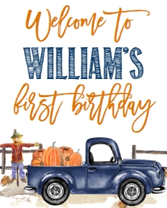 Birthday Pumpkin Truck Navy Blue Welcome Sign 8x10: Birthday Pumpkin Navy Blue Truck Leaves Hay Invite