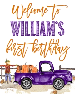 Birthday Pumpkin Truck Welcome Sign Purple football: Fall Birthday Purple Truck