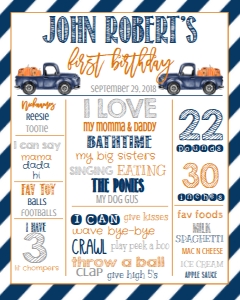 Birthday Pumpkin Navy Blue Truck Leaves Hay Milestone Board 16x20: Birthday Milestone Stat Board Pumpkin Truck Navy