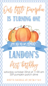 Birthday Blue Gingham Pumpkin Text Invitation: Blue Gingham Pumpkin First Birthday