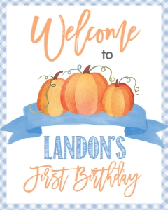 Birthday Blue Pumpkin Gingham Welcome Sign 8x10: Blue Gingham Pumpkin First Birthday