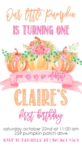 Birthday Pink Floral Pumpkin Text Invitation: Birthday Pink Floral Pumpkin