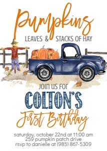 Birthday Pumpkin Navy Blue Truck Leaves Hay Invite: Birthday Pumpkin Navy Blue Truck Leaves Hay Invite