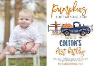 Birthday Pumpkin Navy Blue Truck Leaves Hay Photo Invite: Birthday Pumpkin Navy Blue Truck Leaves Hay Invite