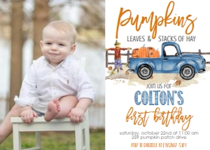 Birthday Pumpkin Light Blue Truck Leaves Hay Photo Invite: Birthday Pumpkin Light Blue Truck Leaves Hay Photo Invite