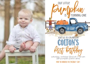 Birthday Pumpkin Truck Light Blue Photo Invite design preview
