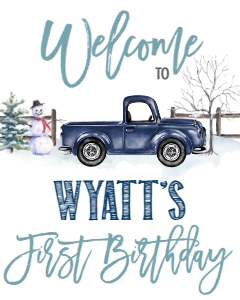 Birthday Christmas Navy Truck Winter Onederland Welcome sign: Christmas Winter Onederland Navy Invitation