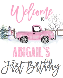 Birthday Christmas Pink Truck Winter Onederland Welcome Sign: Christmas Winter Onederland Pink Invitation