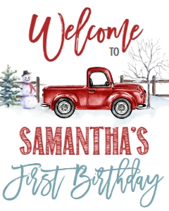 Birthday Christmas Red Truck Winter Onderland Welcome Sign: Christmas Winter Onederland Red Invitation