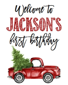 Birthday Christmas Red Truck Sign: Birthday Christmas Lumberjack Truck Invitation