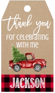 Christmas Birthday Red Truck Plaid Kraft Favor Tag: Birthday Christmas Truck Kraft Invitation