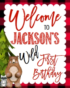 Christmas Birthday Onederland Buffalo Plaid Welcome Sign: Christmas Winter Onederland Plaid Animals Invitation