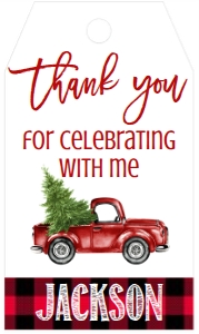 Christmas Birthday Red Truck Buffalo Plaid Favor Tag: Birthday Christmas Lumberjack Truck Invitation