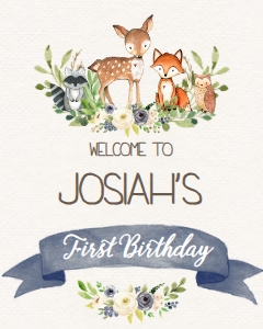 Birthday Blue Woodland Welcome Sign: Birthday Woodland Blue Floral