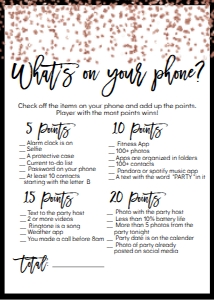 NYE What's on Your Phone Game Rose Gold Glitter: NYE Memories Game Rose Gold Glitter