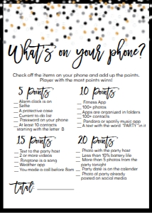 NYE What's on Your Phone Game White Confetti: NYE Drink If Game White Confetti