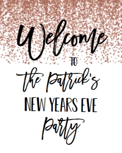 NYE Rose Gold Glitter Welcome Sign: NYE Memories Game Rose Gold Glitter