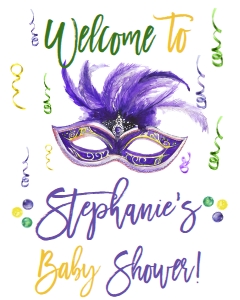 Mardi Gras Purple Mask Baby Shower Welcome Sign: Mardi Gras Baby Shower Queen