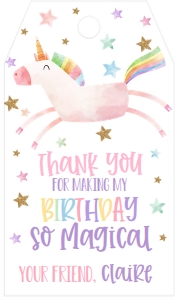 Birthday Flying Unicorn Favor Tag: Birthday Flying Unicorn Pink