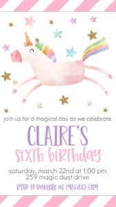 Birthday Flying Unicorn Text Invite: Birthday Flying Unicorn Pink