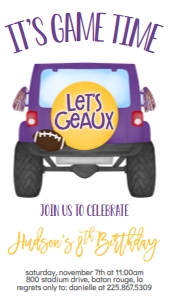 Birthday Football Jeep Purple Gold Text Invite: Birthday Football Jeep Purple Gold