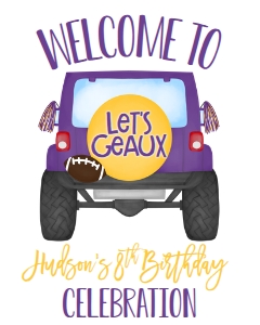 Birthday Football Jeep Purple Gold Welcome Sign: Birthday Football Jeep Purple Gold