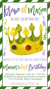 Mardi Gras Boy Birthday Crown Text Invite: Mardi Gras Boy Birthday Crown