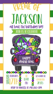 Mardi Gras Birthday Truck Beads Text Invite: Birthday Mardi Gras Truck 7x5