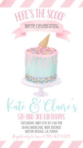 Birthday Ice Cream Cake Double Party 7x5 Text Invite: Birthday Ice Cream Cake Double Party 7x5