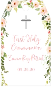 Communion Pink Floral Frame Favor Tag: Communion Pink Floral Frame