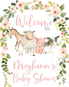 Baby Shower Pink Frame Farm Animals Welcome Sign 8x10: Baby Shower Pink Frame Farm Animals