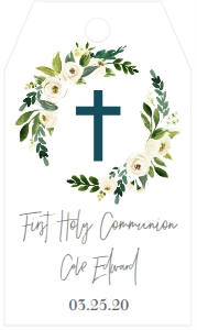 Communion White Floral Wreath Favor Tag: Communion White Floral Wreath