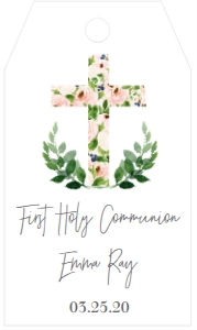 Communion Cross Pink Floral Favor Tag: Communion Cross Pink Floral