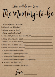 Baby Shower Game Kraft How Well Do You Know Mommy: Baby Shower Game Kraft Kit