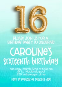 Birthday Foil Balloon Gold 16 Aqua Back: Birthday Foil Balloon Gold 16 Aqua Back