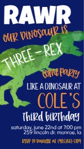 Birthday Dinosaur Three Rex Text Invite: Birthday Dinosaur Three Rex