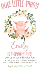 Birthday Piggy Pink Floral Wreath Text Invite: Birthday Piggy Pink Floral Wreath