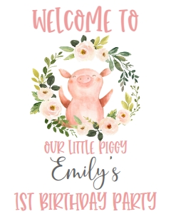 Birthday Piggy Pink Floral Wreath Welcome Sign: Birthday Piggy Pink Floral Wreath