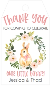 Birthday Bunny Pink Floral Wreath Favor Tag: Birthday Bunny Pink Floral Wreath