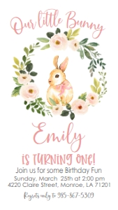 Birthday Bunny Pink Floral Wreath Text Invite: Birthday Bunny Pink Floral Wreath